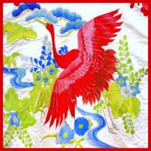 Flying Red Swan with Wings Spread in Clouds