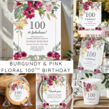Burgundy Pink Floral 100th Birthday