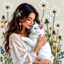 Woman and White Cat and Dandelions Magnet