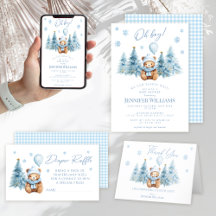 Blue Winter Teddy Bear Pine Trees Baby Shower