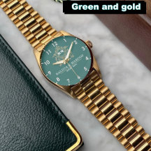 Elegant Monogram  green and gold Couple Watches