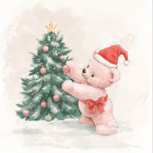 Pink Teddy Bear Retro Christmas
