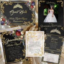 Floral & Gold Leaves - Black & Pearl Quincenera