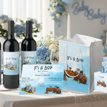 Boy's Baby Shower, Blue Semi and Orange Tractor