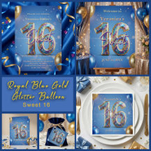 Royal Blue and Gold Glitter Balloon Sweet 16