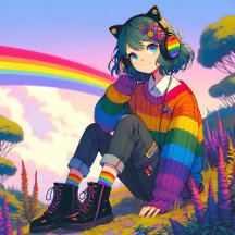 Anime Girl in Rainbow Sweater and Headphones