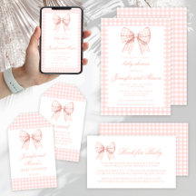 Cute warm pastel pink gingham bow baby girl shower