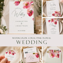 Elegant Watercolor Coral Pink floral Wedding Suite