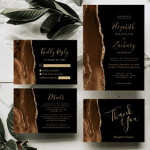 Elegant Mocha Brown Gold Agate Black Wedding Suite