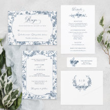Elegant Engraved French Blue Floral Toile Wedding 