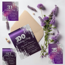 Silver Glitter Drips Purple Birthday Invitations