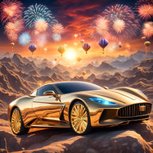 golden luxury car, fireworks and balloons
