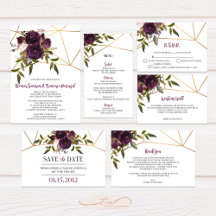 Plum Watercolor Floral Faux Gold Geometric Wedding