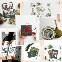 Watercolor foliage botanical red and green holiday