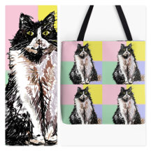 Tuxedo Cat on Pastel Rainbow Checks