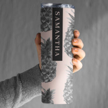 Tropical Grey & Pink Pineapple Pattern With Name