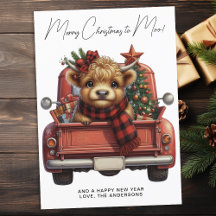 Highland Cow Vintage Red Truck Merry Christmas