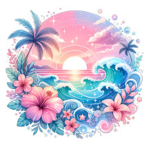 Tropical Oasis Pink and Blue Sunset Ocean Scene