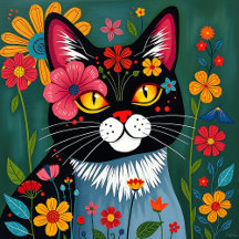 Whimsical Folk Art Cats and Flowers