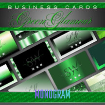 Business Cards Monogram Green Luxe Glam Glitter