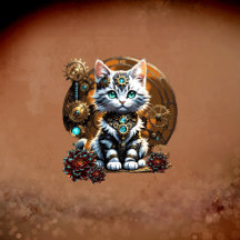 A small, cute kitten in a steampunk style.