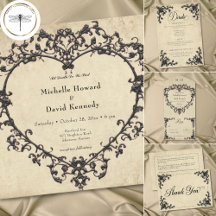 Gothic Black Tan Parchment Filigree Heart Wedding