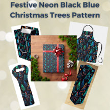 Festive Neon Black Blue Christmas Trees Pattern 