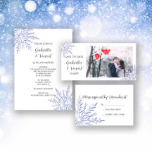 Blue Snowflakes on White Winter Wedding Stationery