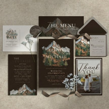Rustic Brown Watercolor Mountain Landscape Wedding