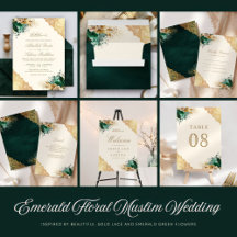 Emerald Floral Gold Lace Cream Muslim Wedding