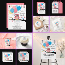 Cute Pink Owl with Balloons & Confetti Baby Shower