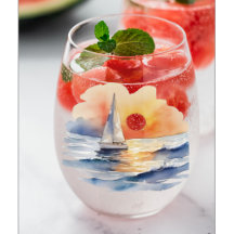 Watercolor Sailing Sailboat Nautical Sunset Ocean 