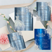 Silver Glitter Drips Blue Metallic Birthday 