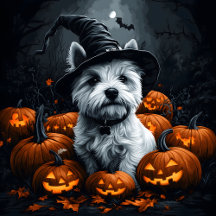West Highland White Terrier And Halloween Pumpkins