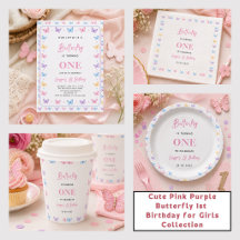 Cute Pink Purple Butterfly 1st Birthday Party 