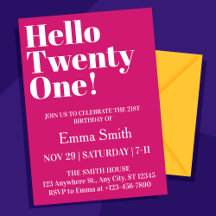 Hot Pink And White Hello Twenty One 21st Birthday 