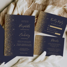 Gold Glitter Whimsical Script Dark Blue Wedding