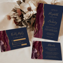 Modern Burgundy Gold Agate Navy Blue Wedding Suite