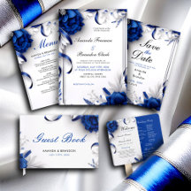 Chic Navy Blue & Silver Flowers Ribbons Wedding