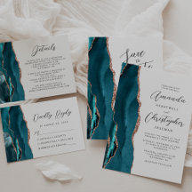 Agate Teal Rose Gold Modern Script Wedding Suite