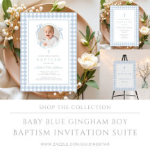 Baby Blue Gingham Boy Baptism Invitation Suite