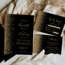 Gold Glitter Whimsical Script Black Wedding Suite