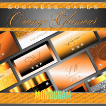 Business Cards Monogram Orange Luxe Glam Glitter