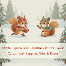 Playful Squirrels in Christmas Winter Forest
