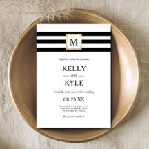 Simple Black & White Stripes Gold Monogram Wedding