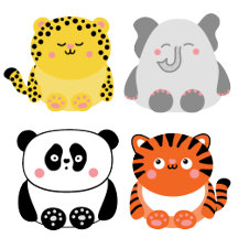 Leopard, elephant, panda, tiger - kawaii animals