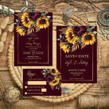 Fall summer burgundy sunflowers wedding invitation