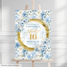 Dusty Blue Gold Sweet Sixteen Welcome Signs 10-16