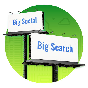 Illustration of two large billboards labeled “Big Social” and “Big Search,” representing the scale of digital advertising growth.
