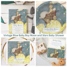 Vintage Blue Baby Boy Moon and Stars Baby Shower